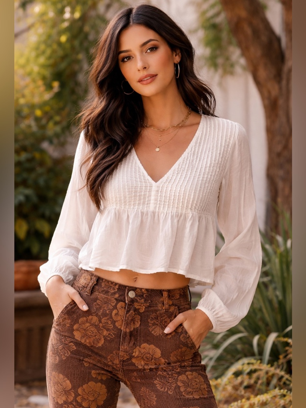 Urban Outfitters White Pintuck V-Neck Crop Peasant Top